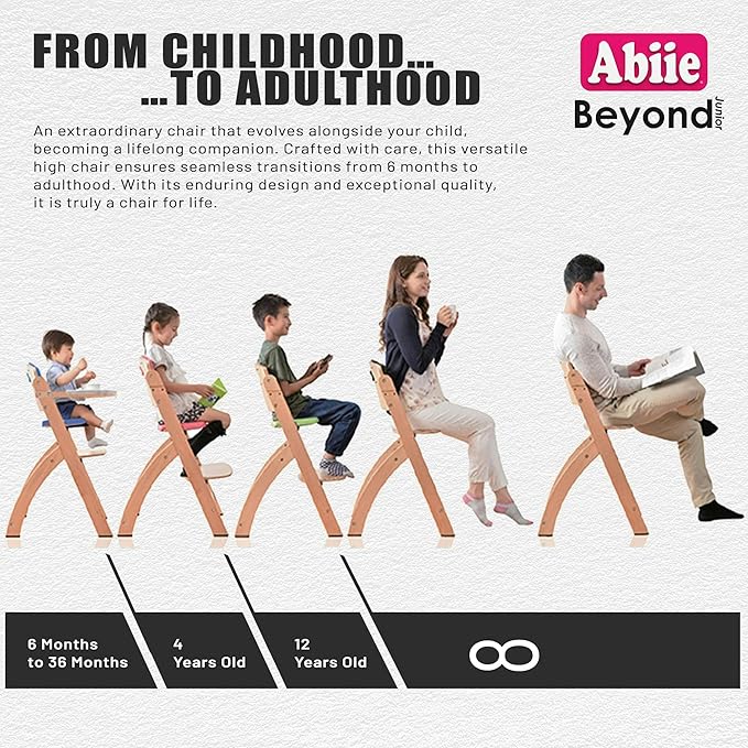 Abiie Beyond Junior Wooden High Chair with Tray - Adjustable and Convertible High Chair for Babies and Toddlers - 6 Months to 250 Lb - Water Resistant - Natural Wood/Raspberry Cushion-CubbioJoy