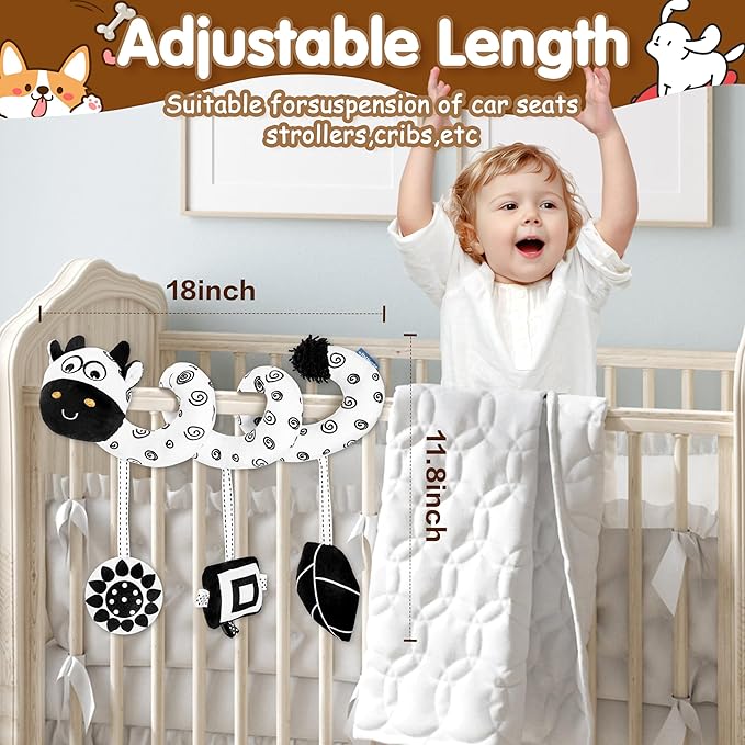 Car Seat Toys for Babies 0-6 Months,Hanging Rattle Toys for Crib Mobile, Baby Spiral Hanging Stroller Black and White High Contrast Toys for Newborn 0 3 6 9 12 Months Baby Boys Girls (Cow)-CubbioJoy