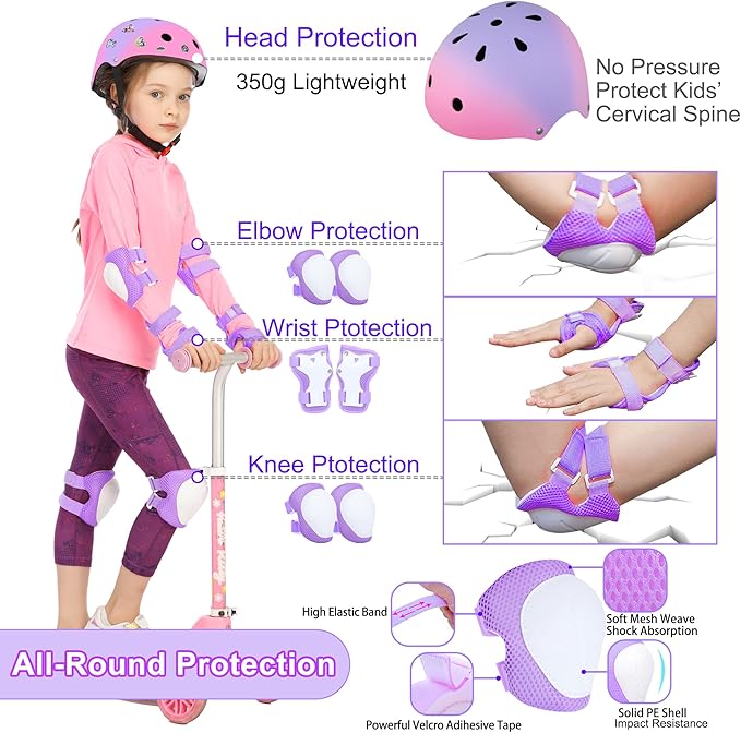 Kids Bike Helmet with DIY Stickers and Knee Pads Elbow Pads Wrist Guard Set for Ages 3-8-14 Toddler Boys Girls Helmet for Roller Skates Cycling Skateboarding Bicycle Scooter-CubbioJoy