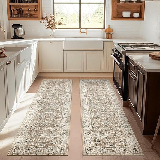 jinchan Runner Rug 3x8-2pcs Kitchen Washable Vintage Hallway Rug Floral Print Floor Cover Indoor Thin Retro Mat Accent for Bathroom Laundry Room Bedroom Office Farmhouse (Double,Taupe)-CubbioJoy