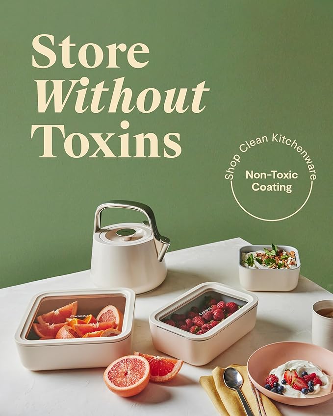 Caraway Glass Food Storage, 10 Cup Glass Container - Ceramic Coated Food Container - Non Stick Lunch Box Container with Glass Lids. Dishwasher, Oven, & Microwave Safe - Square Shape - Perracotta-CubbioJoy