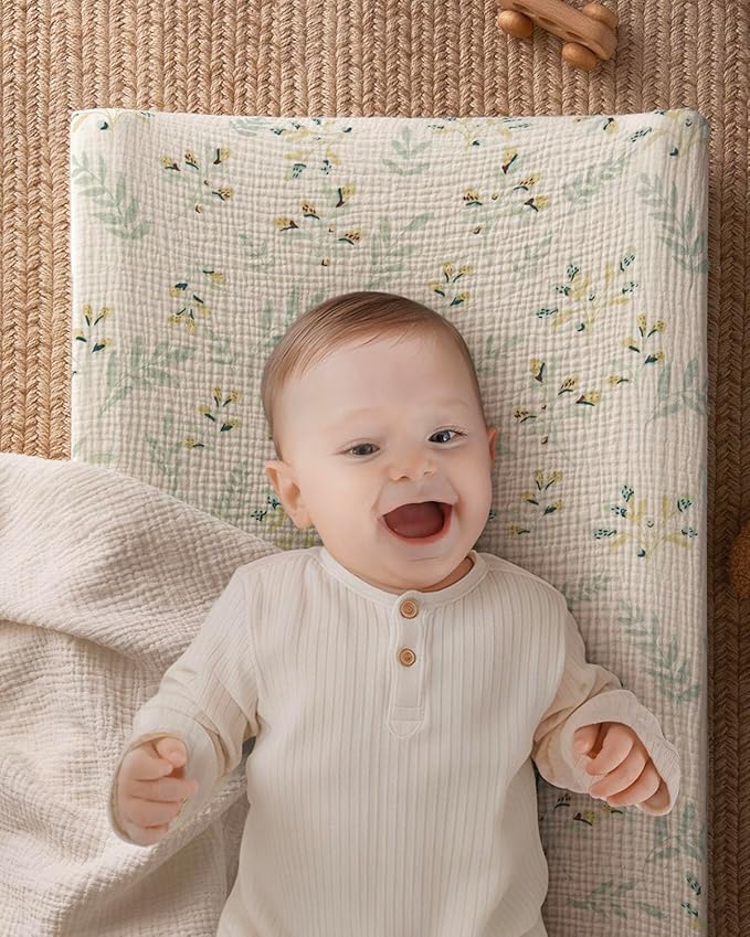 Blissful Diary Muslin Baby Changing Pad with Waterproof Lining Foam, Diaper Changing Table Pad with Cover for Dressers (Botanical Leaf, Rectangular)-CubbioJoy