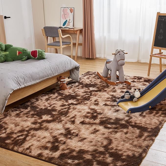 6x9 Area Rugs for Living Room, Fluffy Shaggy Bedroom Rug Indoor Carpet, Anti-Skid Soft High Pile Rug for Nursery, Kids Room, Bedside, Home Decoration, Tie-Dyed Brown-CubbioJoy