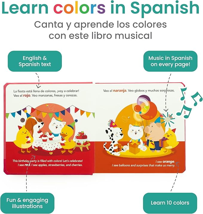 Binibi Spanish Musical Book Colors at The Birthday Party | Spanish Learning for Kids | Bilingual Children's Book | Bilingual Book for Babies & Toddlers 1-3 | Libro en español para bebés-CubbioJoy