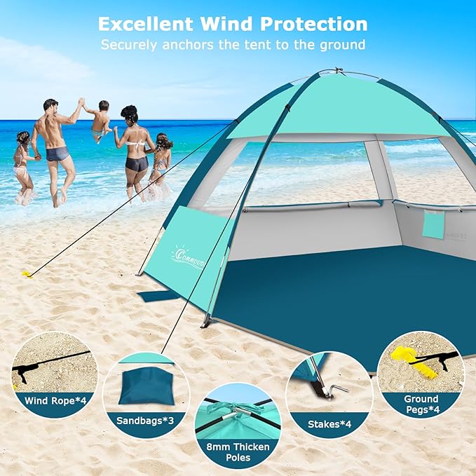 COMMOUDS Beach Tent Sun Shade for 3/4-5/6-7/8-10 Person, UPF 50+ Beach Sun Shelter Canopy Tent, Lightweight, Easy Set Up and Carry-CubbioJoy