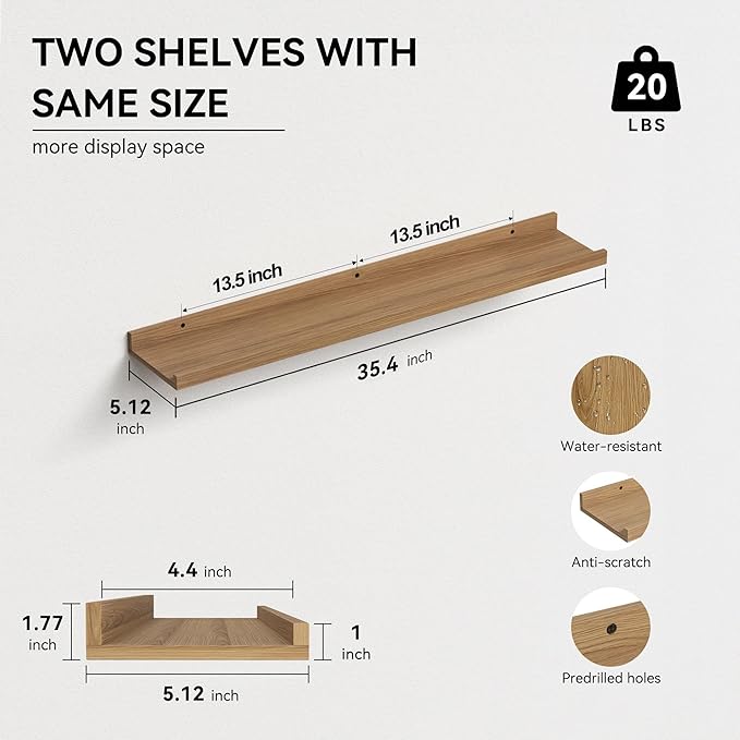 35.3 Inches Long Floating Shelves, 2 Set Rustic Wall Shelf for Bedroom, Nursery Book Shelf with Lip, Picture Ledge Shelf for Wall Decor Living Room Bathroom Kitchen - Oak-CubbioJoy