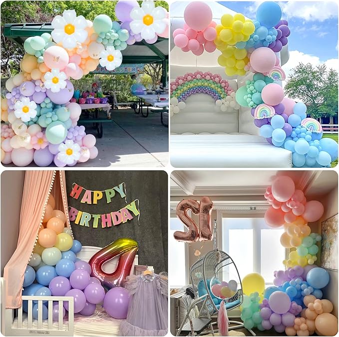 4th Birthday Decorations Girl Pastel, Slmeno 219Pcs Pastel Rainbow Balloon Arch Garland Kit, with Number 4 Balloons,Banner,Cake Toppers,12 3D Butterfly for 4 Year Old Girl Birthday Easter Party Decor-CubbioJoy