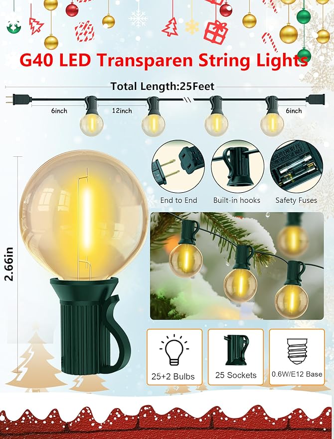 25FT LED Outdoor Christmas String Lights Waterproof, Hanging G40 Globe Patio Lights with 27 LED Shatterproof Warm White Bulbs, Outdoor Christmas Decorations Light for Wedding Party Backyard, Green-CubbioJoy