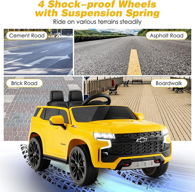 Costzon Ride on Car, 12V Licensed Chevrolet Tahoe Battery Powered Electric Vehicle w/ 2.4G Remote Control, High/Low Speed, Music, Lights, MP3/USB/FM, Spring Suspension, Electric SUV for Kids (Yellow)-CubbioJoy