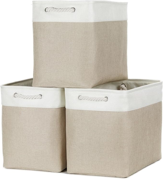Bidtakay Extra Large Storage Baskets for Organizing 17x12x15.1 inch 3-Pack Fabric Closet Organizers Storage Bins with Handles Foldable Storage Baskets for Shelves Clothes XL-White&Beige-CubbioJoy
