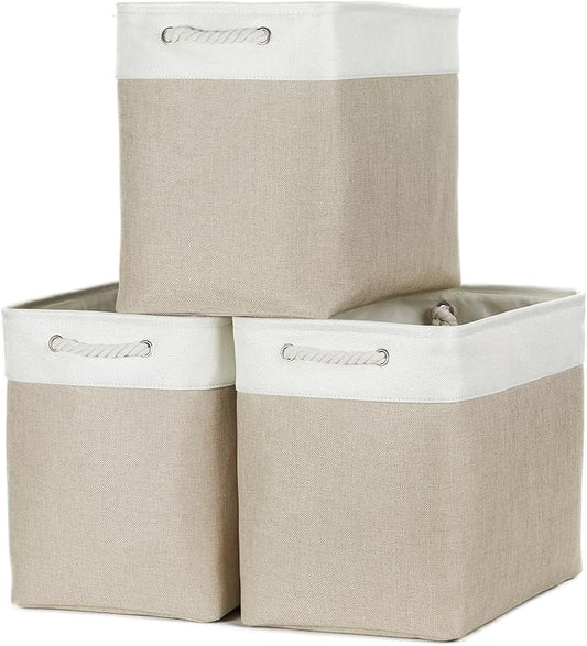 Bidtakay Extra Large Storage Baskets for Organizing 17x12x15.1 inch 3-Pack Fabric Closet Organizers Storage Bins with Handles Foldable Storage Baskets for Shelves Clothes XL-White&Beige-CubbioJoy