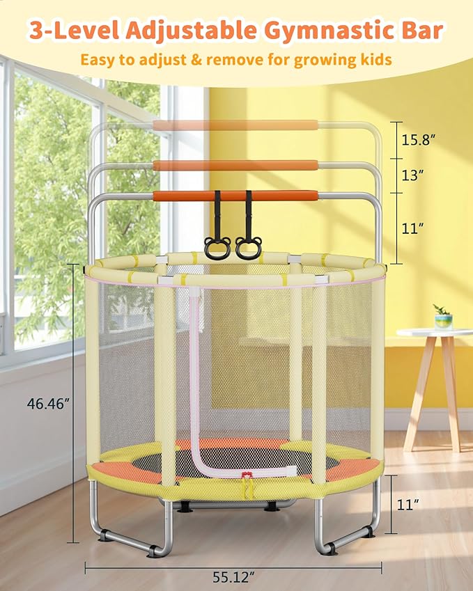 55” Trampoline for Kids, Powder-Coated Mini Trampoline for Toddlers, Indoor Outdoor Toys with Adjustable Gymnastics Bar, Swing, Basketball Hoop, Birthday Gifts for Boys & Girls Ages 1-8-CubbioJoy