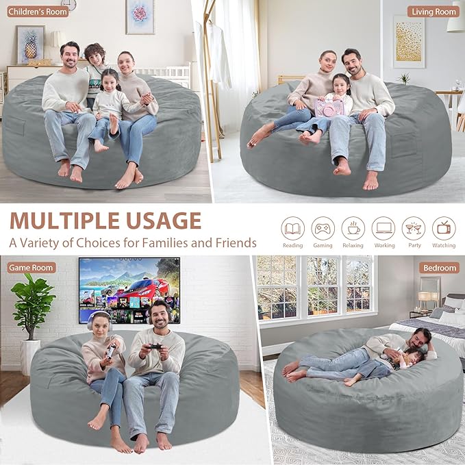 6FT Bean Bag Chair, Large Bean Bag Chairs with Memory Foam Filled, Fluffy Beanbag Sofa with Dutch Velvet Cover, Round BeanBag Chairs for Living Room, Playroom - Light Grey-CubbioJoy