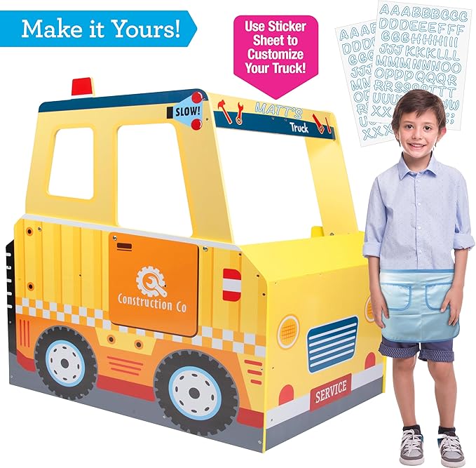 Construction Truck Wooden Playset w 60+ Toy Pieces- Pretend Hammer Saw Bolts & Screws- Spinning Turn Saw, Steering Wheel, Wood to Pull Apart- Dual Sided Play Stand Center, Workbench Building Kids Gift-CubbioJoy