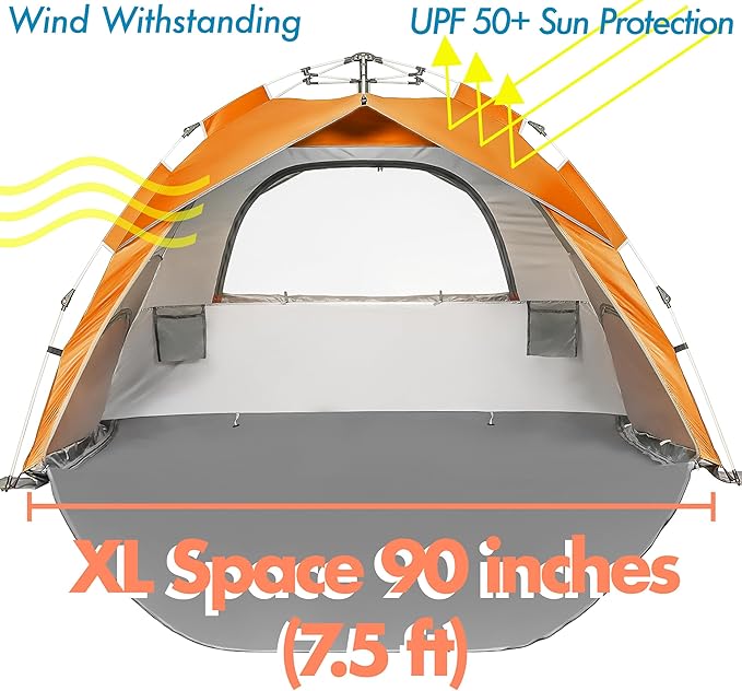 Beach Tent Pop Up Beach Sun Shade Tent with UPF 50+ UV Protection, Removable Floor Zippered Privacy & Ventilation Sun Shelter Family 3 to 4 Person-CubbioJoy