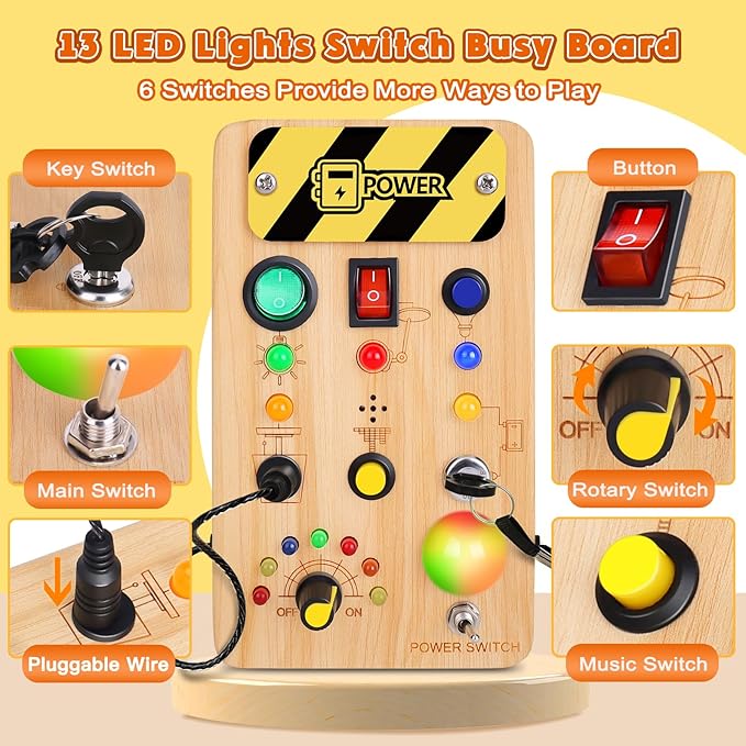 Busy Board Montessori Toys for Toddler, Wooden Sensory Board Switch Toy with Color-Changing LED Light Up Travel Toys Educational Plane Travel Activity for 1-6 Year Old Girls & Boys Gifts-CubbioJoy