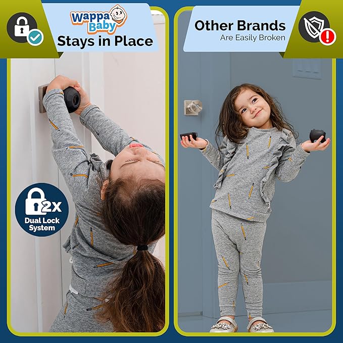 Child Safety Door Knob Cover (4 Pack) Hard-to-Remove Dual-Lock Door Handle Covers for Kids - Reusable Baby Proof Door Knob Locks - Installs Easily, No Tools Needed (Black)-CubbioJoy