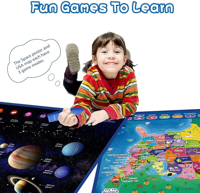 Bilingual Interactive for Kids Talking USA Map Solar System Poster for Kids Learning and Educational Toys,Talking Educational Toy for Ages 3 to 12 Years Old Girls/Boys,Learning Chart for Preschool-CubbioJoy