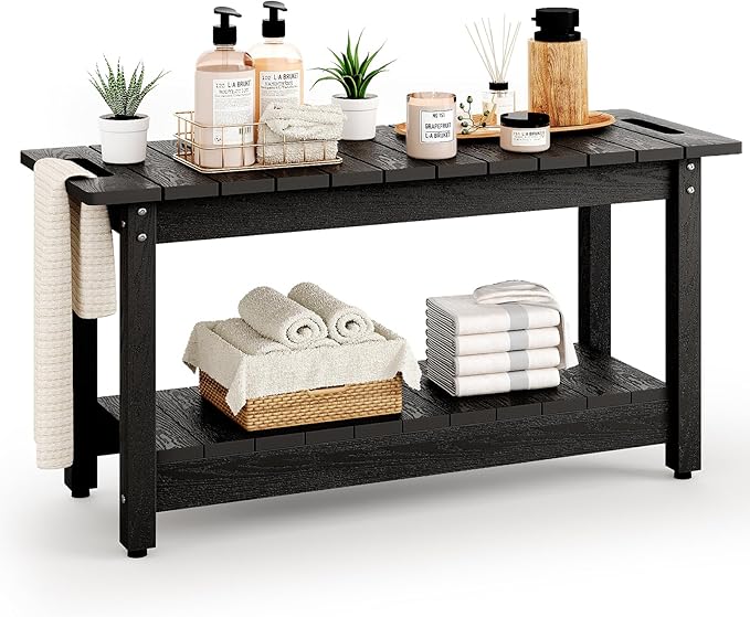 35" Shower Bench, Waterproof Poly Lumber Shower Stool for Shaving Legs, Shower Chair Seat Holds up to 400lbs, Bathroom Bench for Inside Shower, Non-Slip (Black)-CubbioJoy