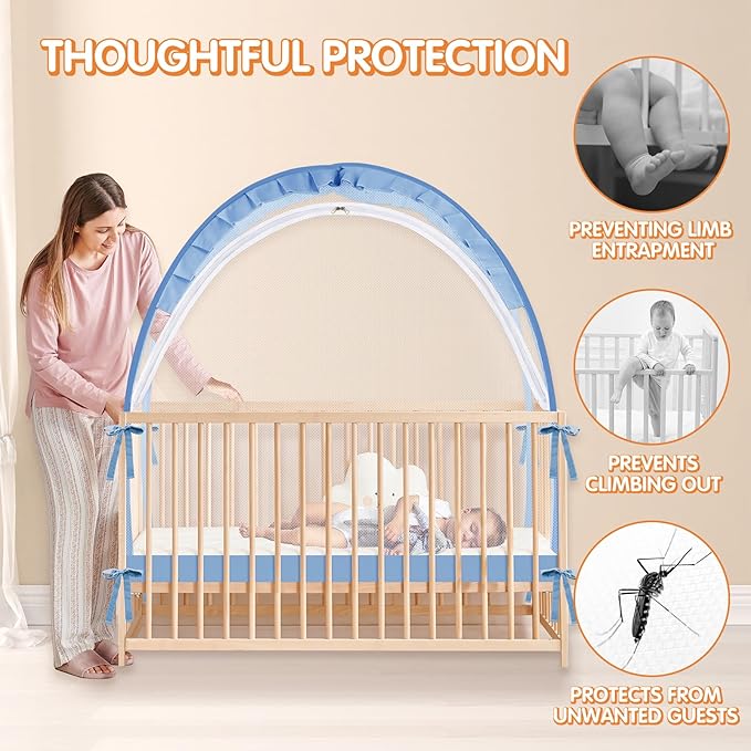 Crib Tent to Keep Baby from Climbing Out - Crib Net to Keep Baby in - Pop Up Breathable Cribs Cover - Canopy with Upgrade Strong Mesh and Durable Zipper (Blue, Lager)-CubbioJoy