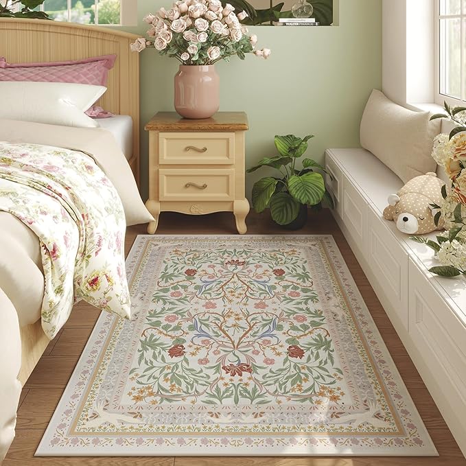 Area Rug 4x6 Rug Washable Vintage Floral Botanical Rugs Non Slip Low Pile Small Carpet for Bedroom, Bedside, Kids Room, Office, Dining Room, Beige-CubbioJoy