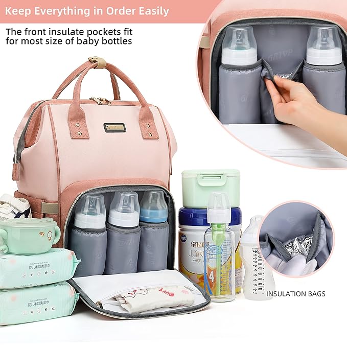 Diaper Bag Backpack, Diaper Bags for Baby Girls Boys, Baby Bags for Moms Dads, Nappy Changing Bag with Insulated Pockets,Multi-functional Waterproof Backpack with Stroller straps -Pink light pink-CubbioJoy