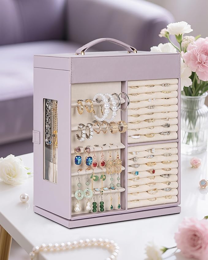 AKOZLIN 360° Rotating Jewelry Box 6-Tier Organizer Functional Jewelry Storage Case for Women Girls Ring Necklace Earring Bracelet Holder with Mirror Purple-CubbioJoy