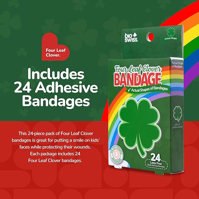 BioSwiss Bandages, 4 Leaf Clover Shaped Self Adhesive Bandage, Latex Free Wound Care, Fun First Aid Kit Supplies for Kids and Adults, 24 Count-CubbioJoy