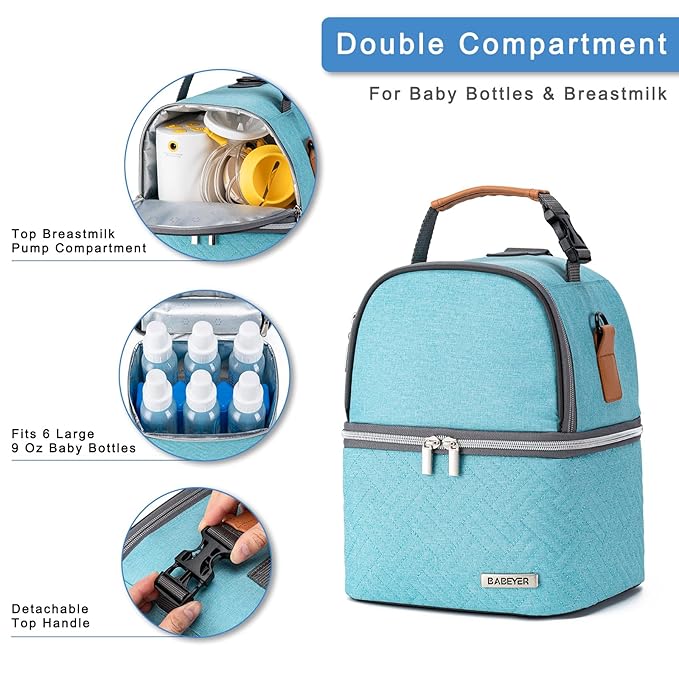 Breastmilk Cooler Bag with Ice Pack Fits 6 Baby Bottles up to 9 Ounce, Breast Milk Pump Cooler Bag with Shoulder Strap for Nursing Mom Daycare, Work, Travel- Lake Green-CubbioJoy