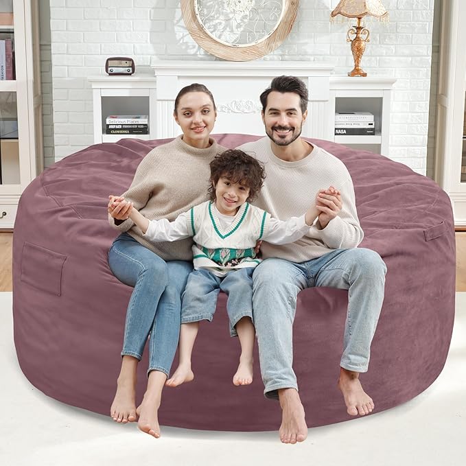 5FT Bean Bag Chair, Large Bean Bag Chairs with Memory Foam Filled, Fluffy Beanbag Sofa with Dutch Velvet Cover, Round BeanBag Chairs for Living Room, Playroom - Dusty Pink-CubbioJoy