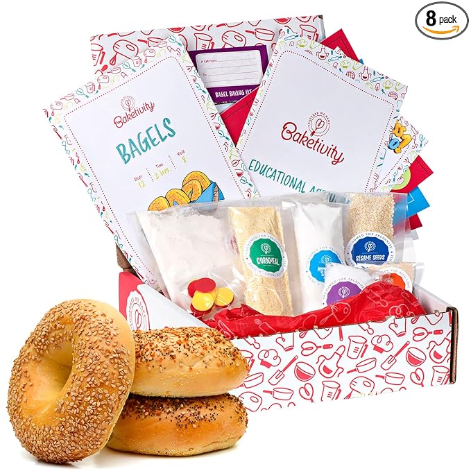 Baketivity Kids Baking Set, Meal Cooking Party Supply Kit for Teens, Real Fun Little Junior Chef Essential Kitchen Lessons, Includes Pre-Measured Ingredients (Baketivity Kit, Bagels)-CubbioJoy