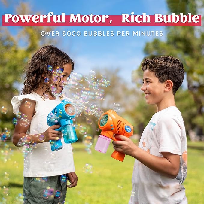 JOYIN 2 Bubble Guns with 2 Refill Solution (10 oz Total), Automatic Bubble Maker Blower Machine for Kids, Toddlers, Outdoors, Party, Birthday Gift, Easter Toys (Blue, Orange)-CubbioJoy