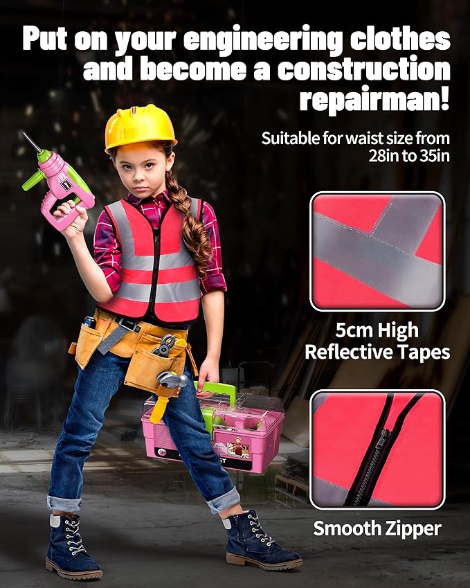 Deejoy Tool Set with Tool Box & Electronic Toy Drill, Pretend Play Kids Construction Kits for Kids Ages 3-5 Years Old, Toddler Tool Set(Pink)-CubbioJoy