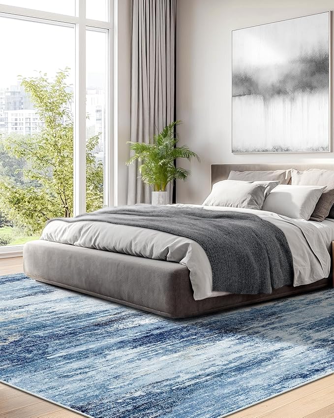 Amada 9x12 Large Area Rug, Modern Abstract Living Room Rug with Non-Slip Backing & Short Pile, Washable Rug with Abstract Pattern for Living Room, Bedroom and Dinning Room, Blue-CubbioJoy