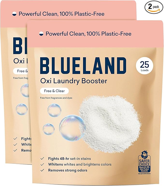 BLUELAND Oxi Laundry Booster Powder Refill 2-Pack, Fragrance Free & Clear, 50 Loads, 35.2 oz, Plastic-Free, Eco Friendly, Oxy Cleaner, Stain Remover-CubbioJoy