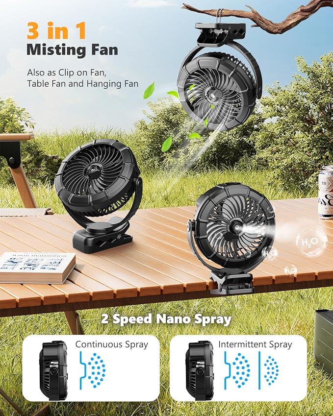 Ausic 3-in-1 Portable Clip on Fan with Misting & LED Lights & Hook, 100ML Baby Stroller Fan, 5200mAh Rechargeable Battery Operated & 360° Rotation & 3 Speeds for Table Outdoor Travel Camp Golf Cart-CubbioJoy
