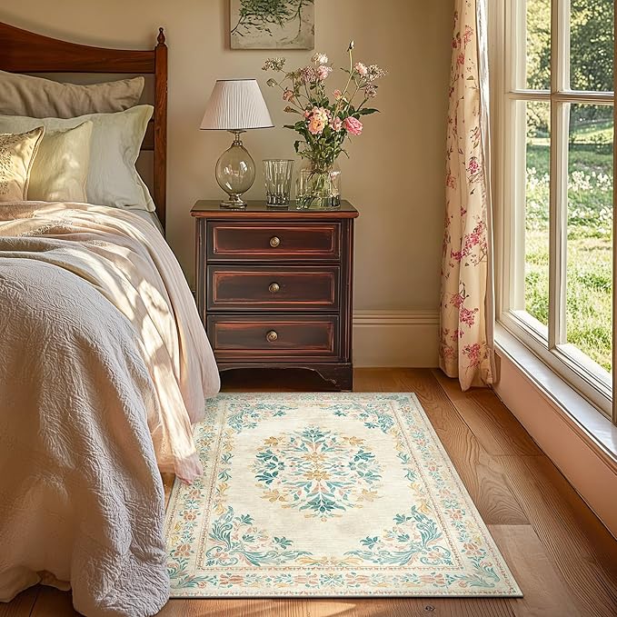 jinchan Vintage Floral 3x5 Area Rugs for Entryway - Machine Washable Distressed Design Ultra-Thin Low-Pile Soft Non-Shedding Carpet for Kitchen Bedroom Laundry Living Room (3x5ft,Apricot Multi)-CubbioJoy