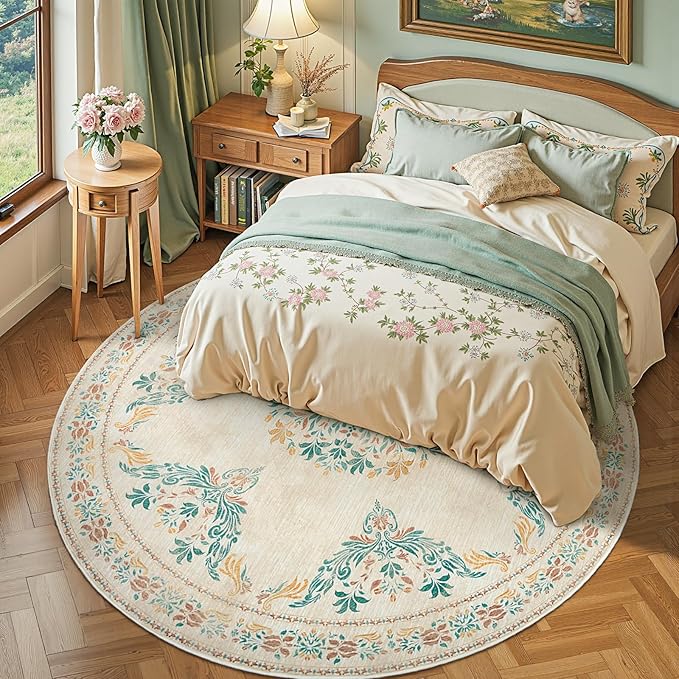 jinchan Round Rug 8ft Area Rugs,Vintage Floral Distressed Design Machine Washable Soft Non-Slip Low-Pile Ultra-Thin Circle Rug for Living Room Dining Room Bedroom Home Office (8' Round,Apricot Multi)-CubbioJoy