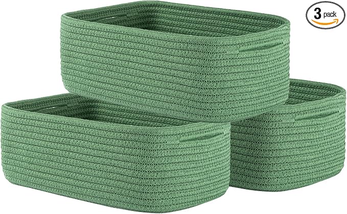 KALLAX Small Woven Basket, 12 x 8 x 4.5 Inches, Storage Basket for Organizing, Cute Small Rope Shelf Closet Cube Storage Bins Baskets for Shelves, Dog Toy Gift Baskets Empty, 3 Packs, Green-CubbioJoy