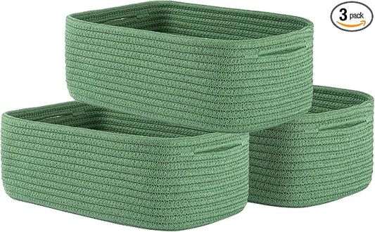 KALLAX Small Woven Basket, 12 x 8 x 4.5 Inches, Storage Basket for Organizing, Cute Small Rope Shelf Closet Cube Storage Bins Baskets for Shelves, Dog Toy Gift Baskets Empty, 3 Packs, Green-CubbioJoy