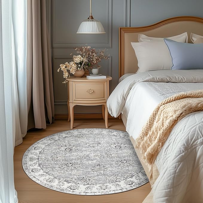 jinchan Round Rug 4ft Area Rugs Vintage Floral Distressed Design - Machine Washable Non-Slip Low-Pile Ultra-Thin Circle Rug for Entryway Bedside Living Room Dining Room Bedroom (4' Round,Grey)-CubbioJoy