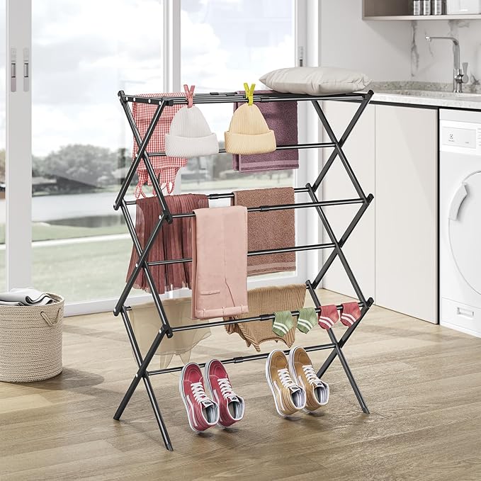 APEXCHASER Clothes Drying Rack, 3-Tier Laundry Drying Rack for Clothes, Expandable Metal Clothing Dryer, Collapsible Towel Rack, Air Drying Rack, Black-CubbioJoy