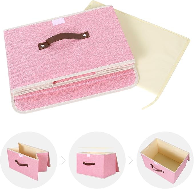 ANMINY Storage Bin with Lid Storage Boxes with PU Leather Handles PP Plastic Board Decorative Foldable Lidded Cotton Linen Fabric Home Cubes Baskets Closet Organizer Container - Pink, Large Size-CubbioJoy