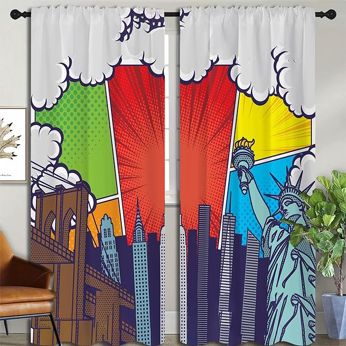 City Rod Pocket Blackout Curtains for Boy Girl Bedroom, Pop Art Style New York Cityscape Home Energy Efficient Light Filtering Window Curtain for Living Room, 84x63 inch-CubbioJoy