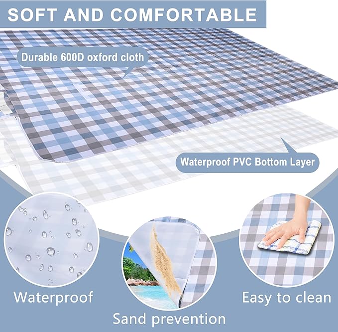 80"x80" Extra Large Waterproof Outdoor Mat - Sandproof Foldable Picnic Blanket for Family Camping, Backyard, Beach Parties - Heavy Duty & Easy Storage (Blue&Gray)-CubbioJoy