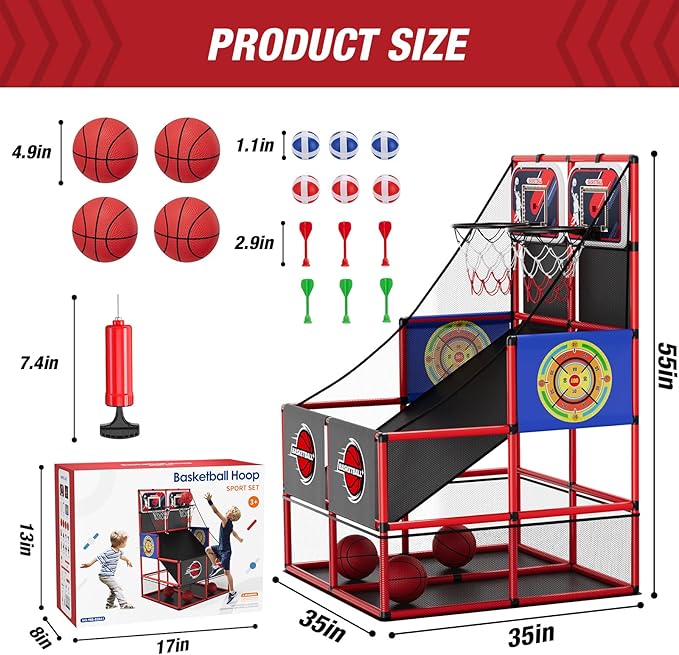2 in 1 Dual Shot Basketball Arcade Game with 2 Dart Boards/Electronic Scoreboard/LED Light, Kids Basketball Hoop for Home Indoor Outdoor, Sport Toys Gifts for Boys Girls-CubbioJoy
