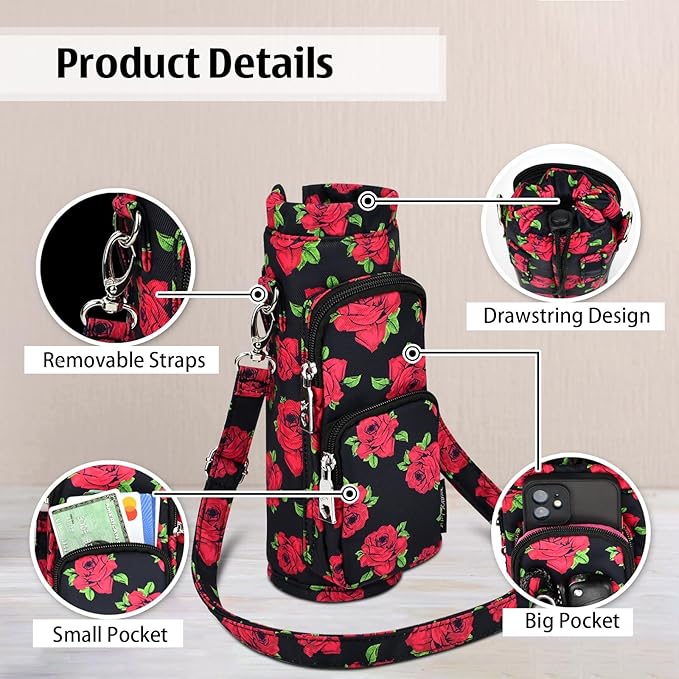 Betsey Johnson Insulated Water Bottle Pouch Holder Carrier Crossbag with Adjustable Shoulder Strap - Lightweight Polyester Accessories with Pockets Good for Hiking Sports-CubbioJoy