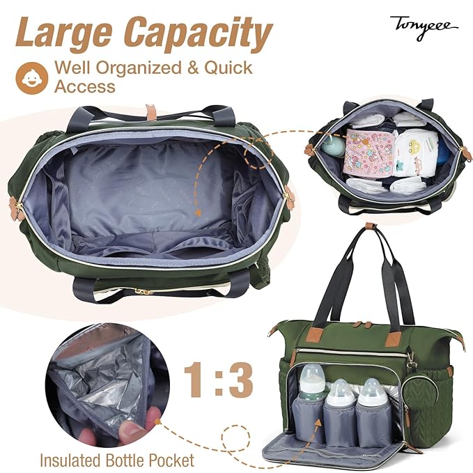 Diaper Bag Tote, Large Baby Diaper Bags Waterproof, Hospital Bag for Labor Delivery with Pacifier Case, Changing Pad, Shoulder Strap, Dark Green-CubbioJoy