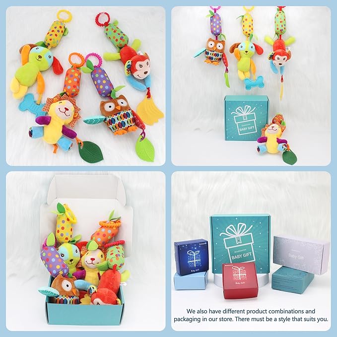 BLOOBLOOMAX Baby Soft Hanging Rattle, Car Seat Stroller Toys with Plush Animal C-Clip Ring for Infant Babies Boys and Girls 3 6 9 to 12 Months (4pcs)-CubbioJoy