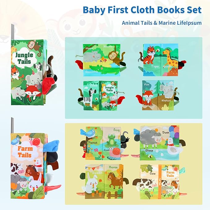 BARMACO Baby Soft Touch and Feel Crinkle Cloth Books for Infants & Toddlers, Learning Toys, Early Development Interactive Sensory Toys, Ocean Animal Tails, Gifts for Boys & Girls-CubbioJoy